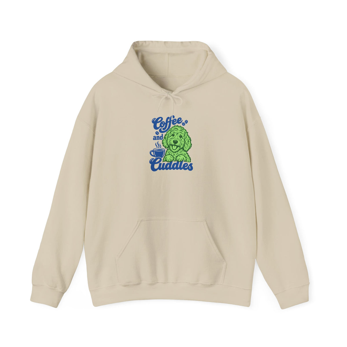 "Coffee and Cuddles" Cute Green Pup Graphic Hoodie
