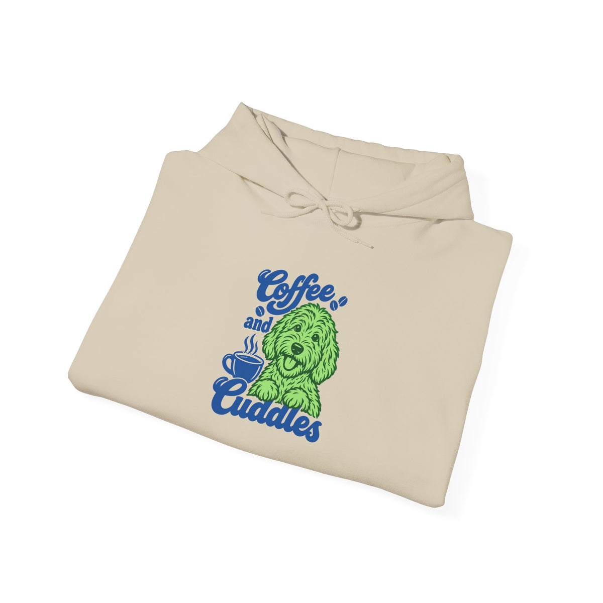 "Coffee and Cuddles" Cute Green Pup Graphic Hoodie