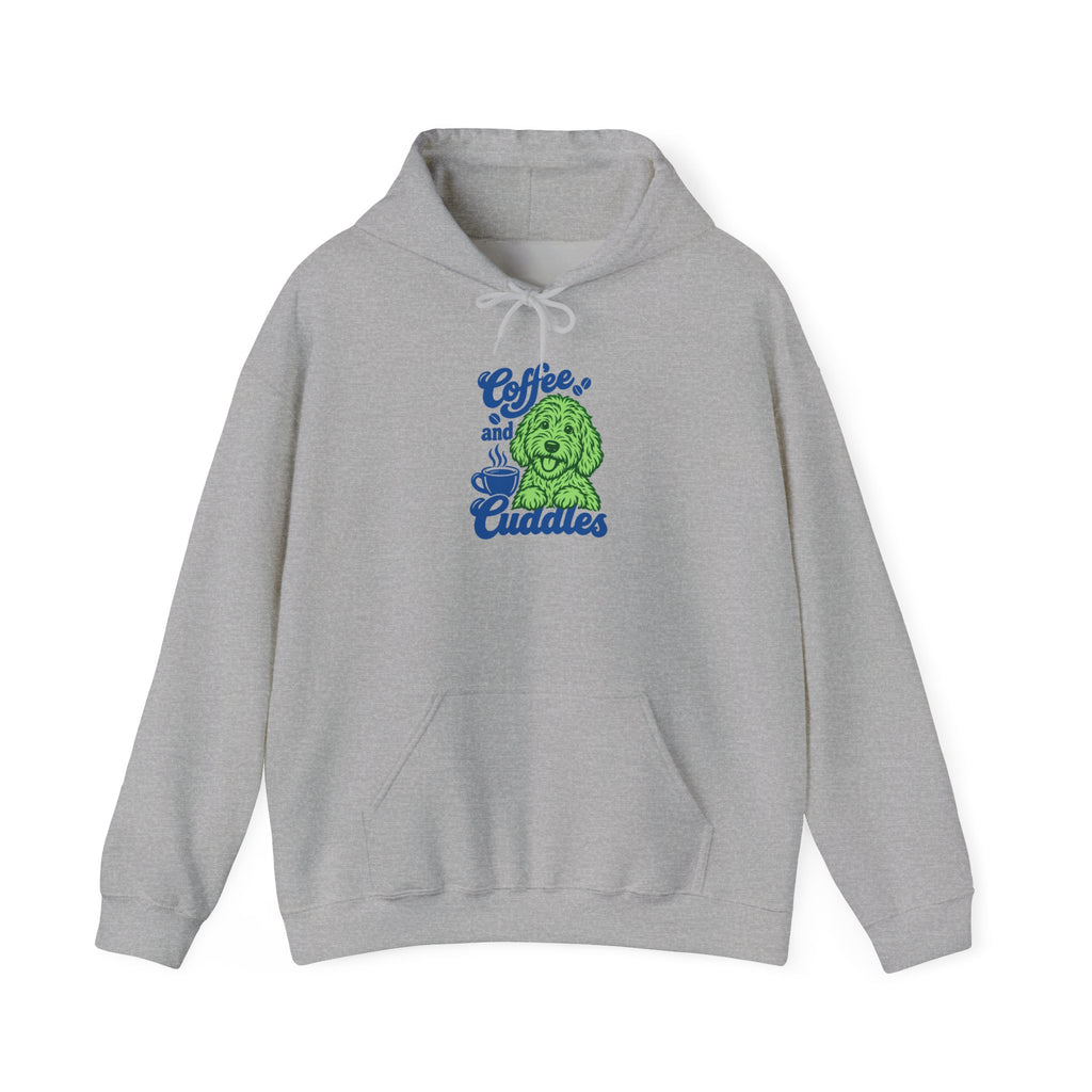 "Coffee and Cuddles" Cute Green Pup Graphic Hoodie