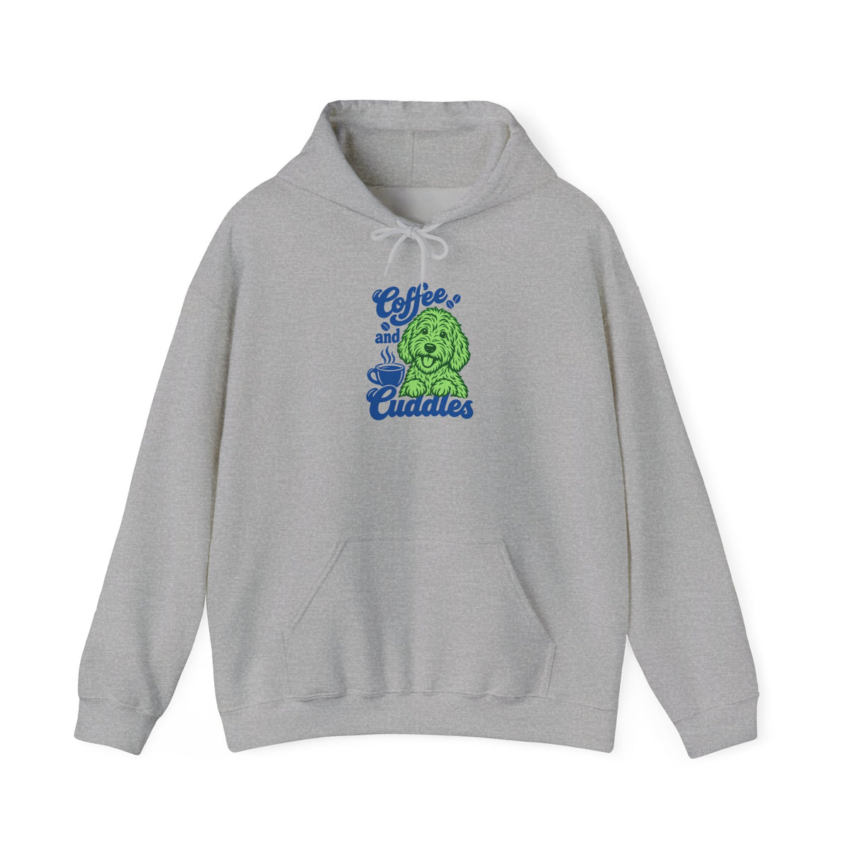 "Coffee and Cuddles" Cute Green Pup Graphic Hoodie