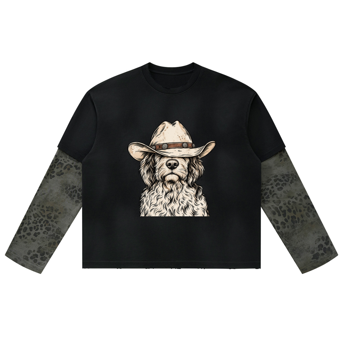 Unisex Vintage Wash Leopard Paneled Layer T-Shirt