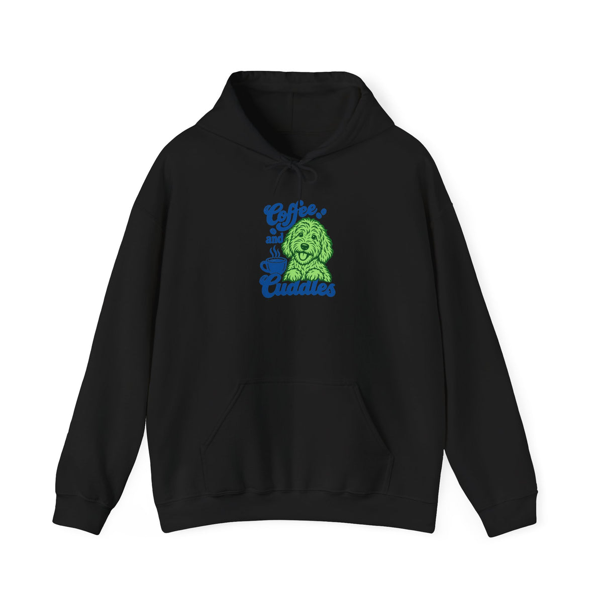 "Coffee and Cuddles" Cute Green Pup Graphic Hoodie