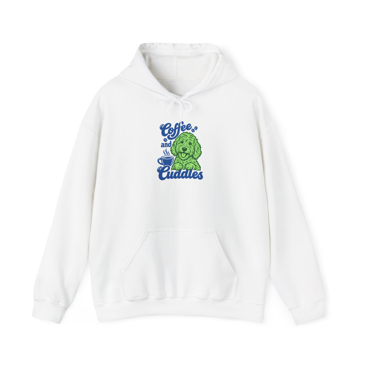 "Coffee and Cuddles" Cute Green Pup Graphic Hoodie