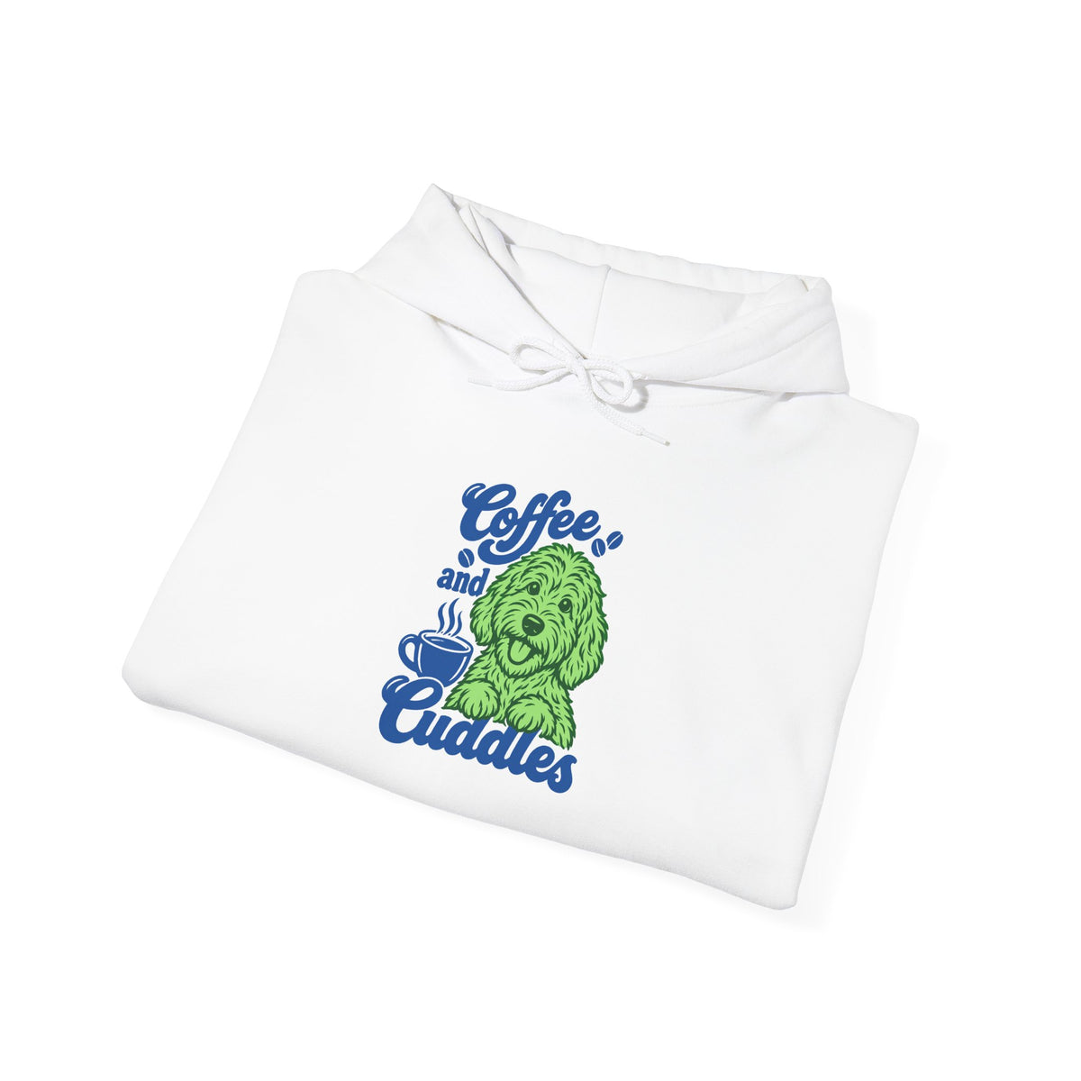 "Coffee and Cuddles" Cute Green Pup Graphic Hoodie