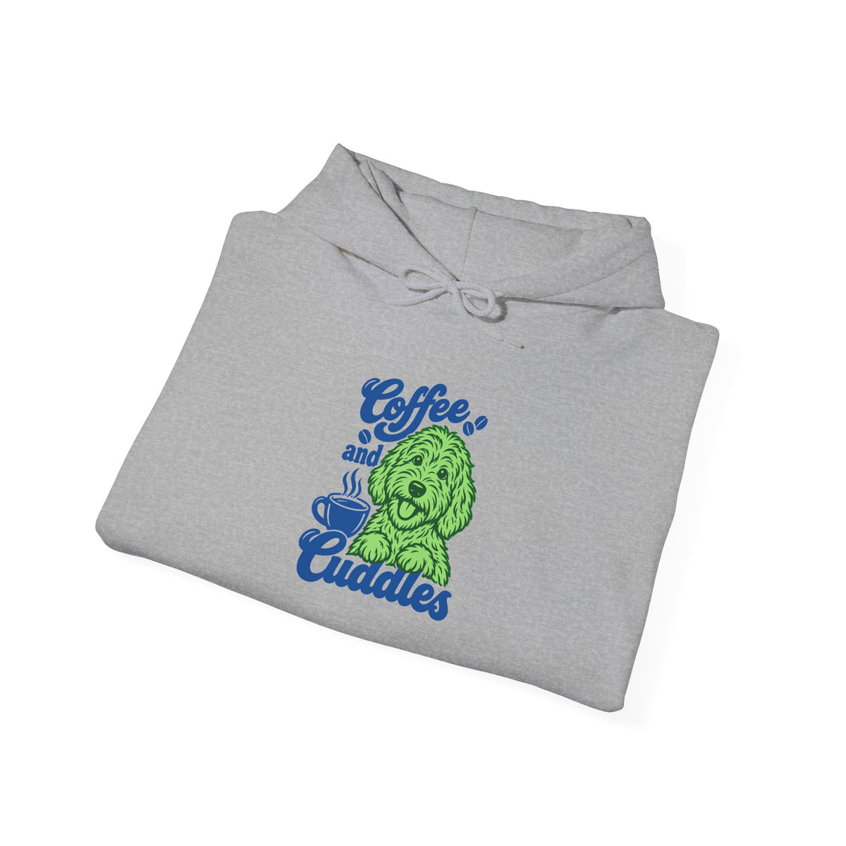"Coffee and Cuddles" Cute Green Pup Graphic Hoodie