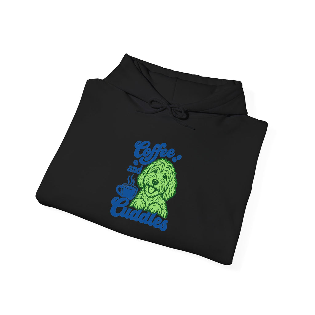 "Coffee and Cuddles" Cute Green Pup Graphic Hoodie
